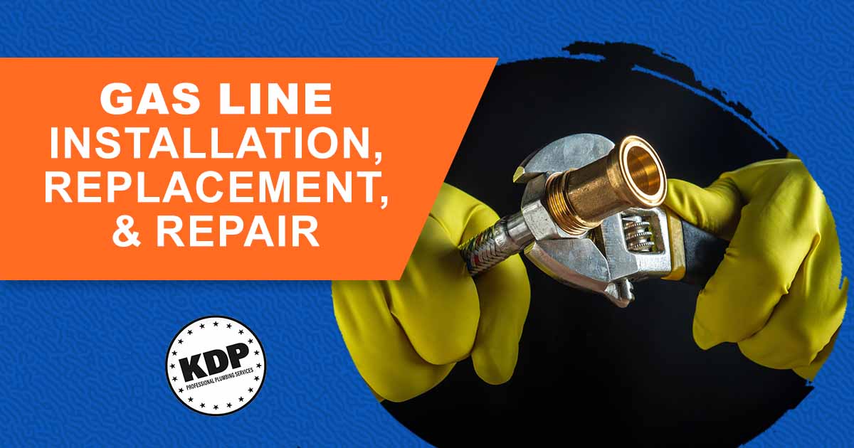 Image of a plumber connecting a high-pressure hose during a repair, featuring KDP Professional Plumbing Services and highlighting gas line installation, replacement, and repair.
