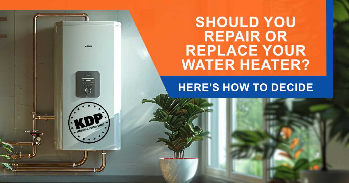 Image of a white water heater in a bright room with plants and windows, featuring Knee Deep Plumbing and highlighting how to decide whether to repair or replace your water heater.
