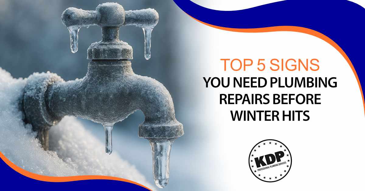 Frozen outdoor water faucet with hanging icicles in winter, featuring KDP Professional Plumbing Services, illustrating the top 5 signs you need plumbing repairs before winter hits.