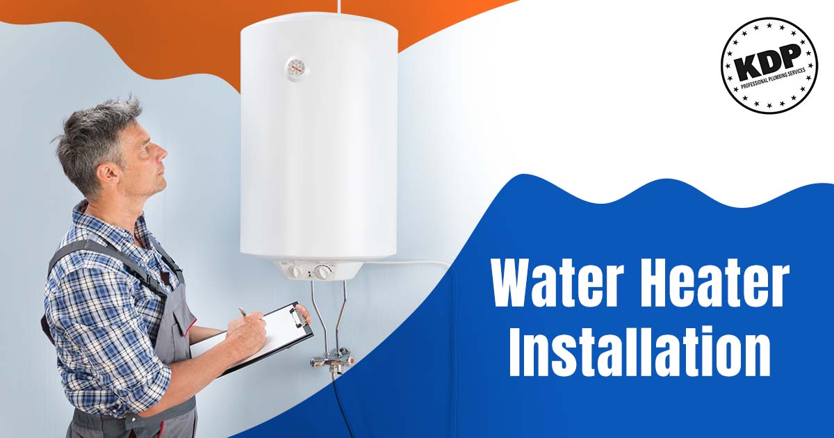 Image of a male plumber holding a clipboard, featuring KDP Professional Plumbing Services and highlighting expert water heater installation services.