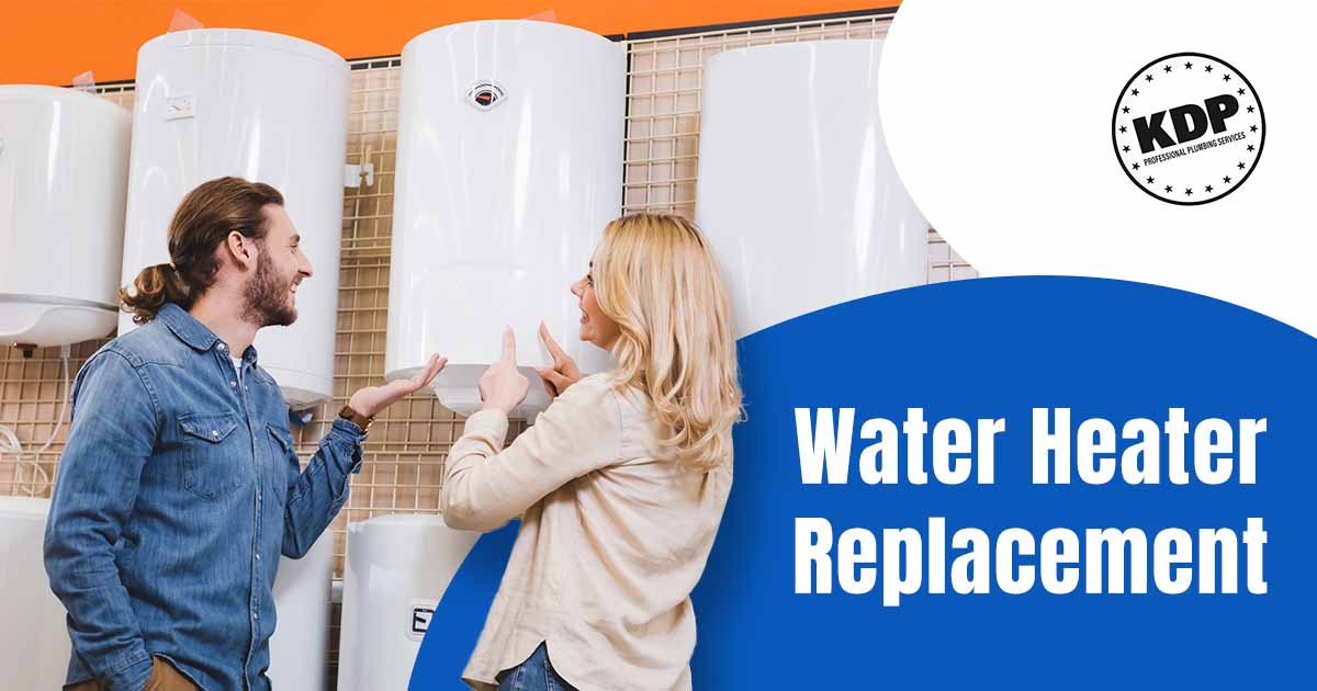 Water-Heater-Replacement-img Image of a smiling boyfriend pointing with his hand and a girlfriend also pointing, featuring KDP Professional Plumbing Services and highlighting water heater replacement solutions.